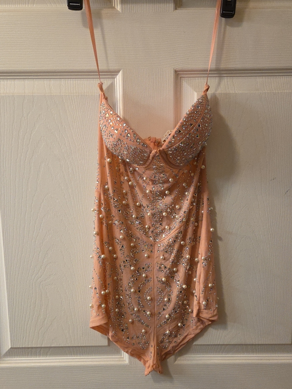 Peach Embellished Lace Chemise with Pearl & Crystal Accents